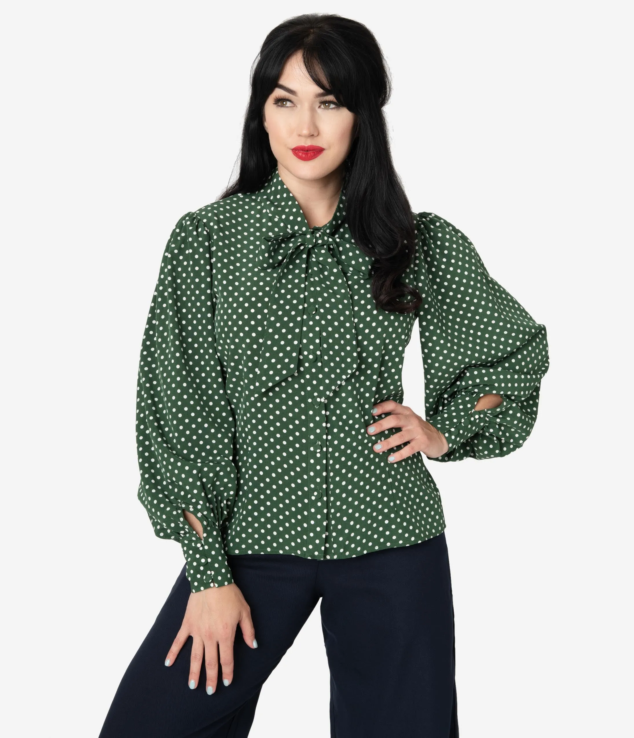Unique Vintage Green & Ivory Polka Dot Crepe Neck Tie Gwen Blouse