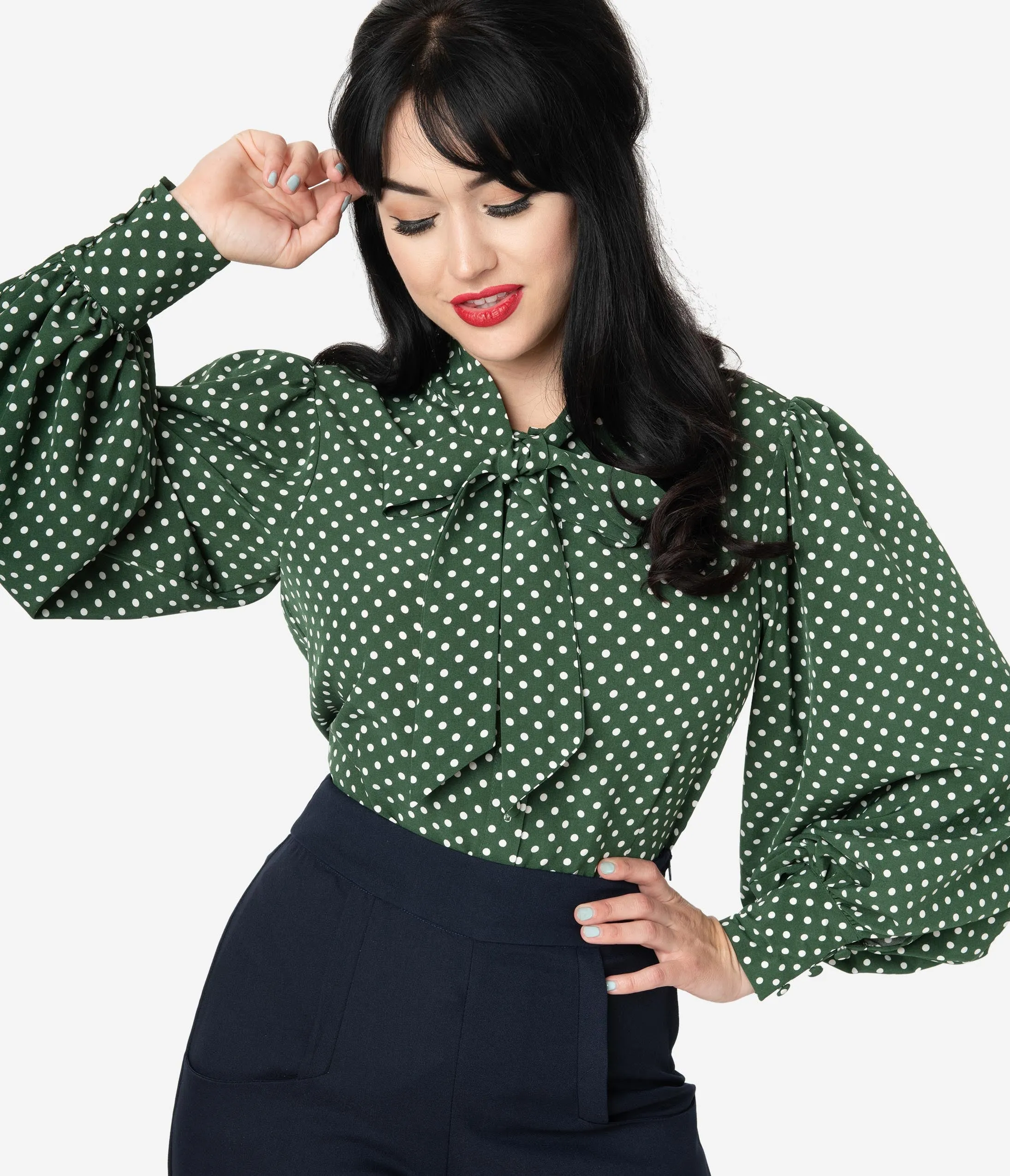 Unique Vintage Green & Ivory Polka Dot Crepe Neck Tie Gwen Blouse