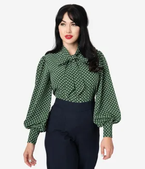 Unique Vintage Green & Ivory Polka Dot Crepe Neck Tie Gwen Blouse