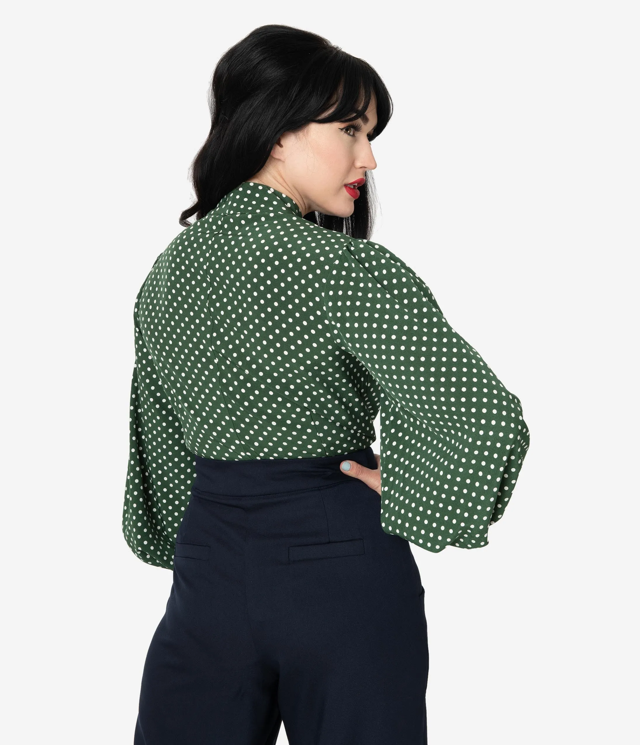 Unique Vintage Green & Ivory Polka Dot Crepe Neck Tie Gwen Blouse