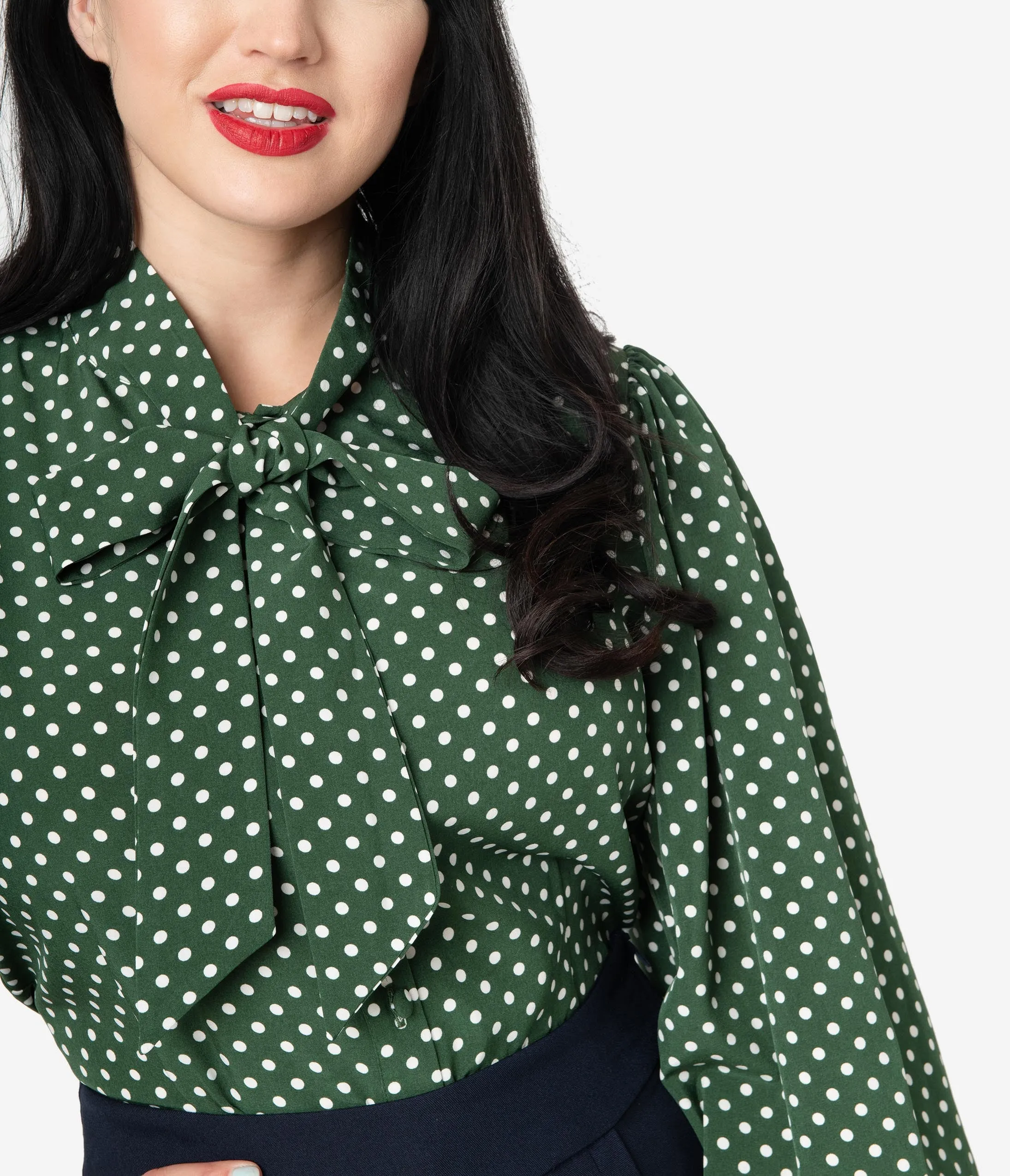 Unique Vintage Green & Ivory Polka Dot Crepe Neck Tie Gwen Blouse