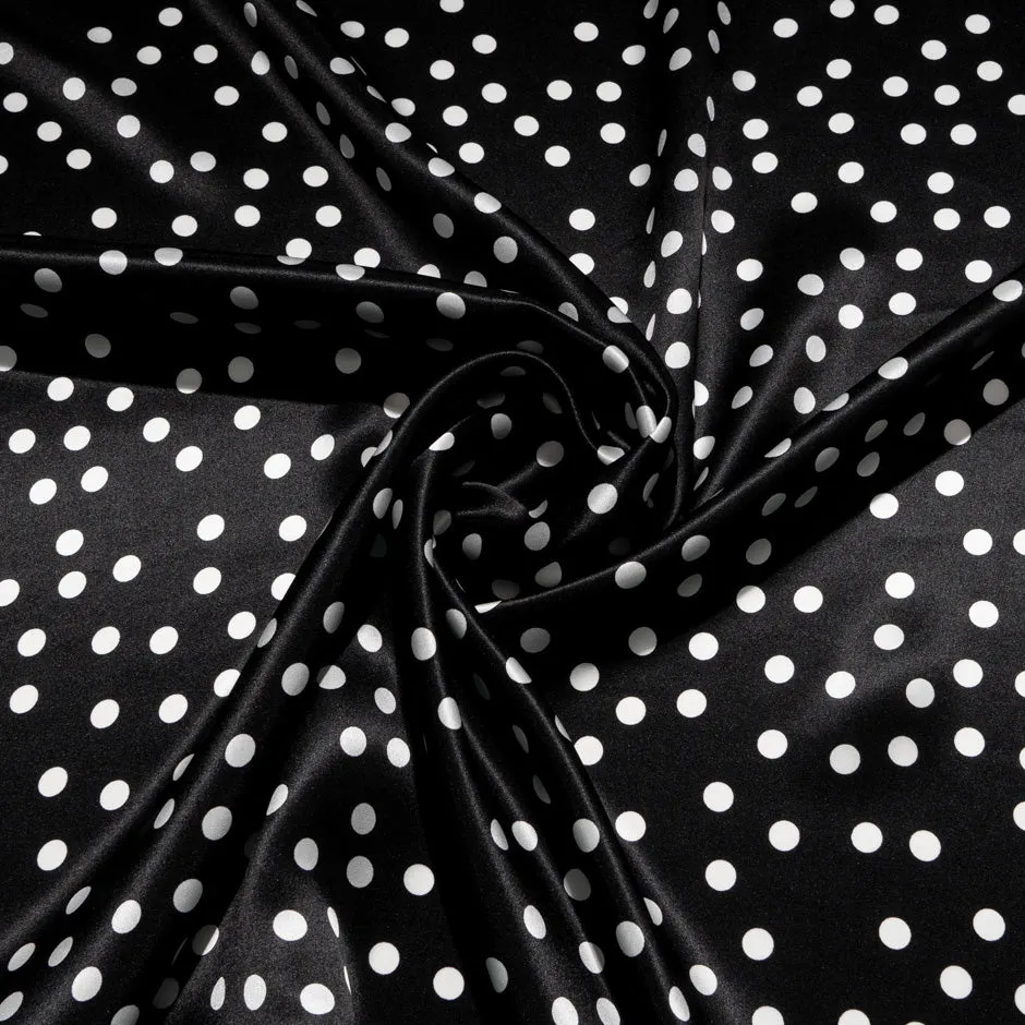 White Spot Printed Black Silk Satin