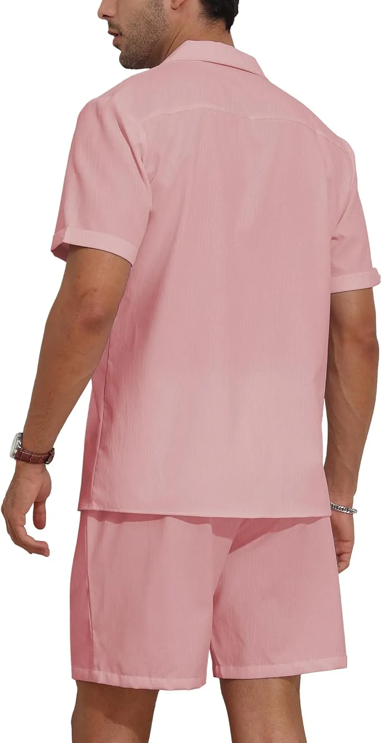 YTD Men's 2 Pieces Shirt Set Short Sleeve Button Down Casual Hippie Holiday Beach T-Shirts Shorts Outfits