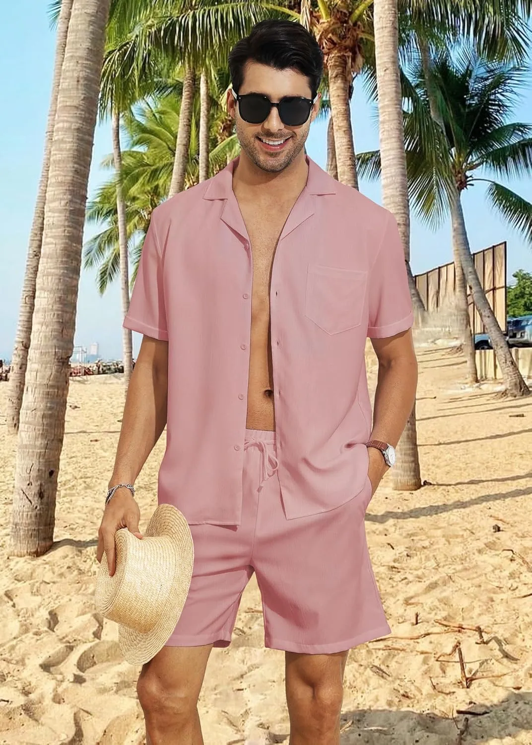 YTD Men's 2 Pieces Shirt Set Short Sleeve Button Down Casual Hippie Holiday Beach T-Shirts Shorts Outfits