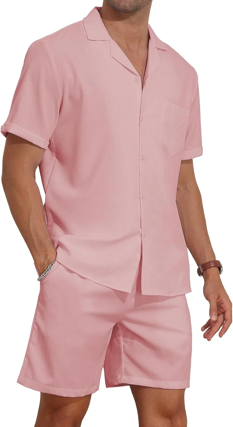 YTD Men's 2 Pieces Shirt Set Short Sleeve Button Down Casual Hippie Holiday Beach T-Shirts Shorts Outfits