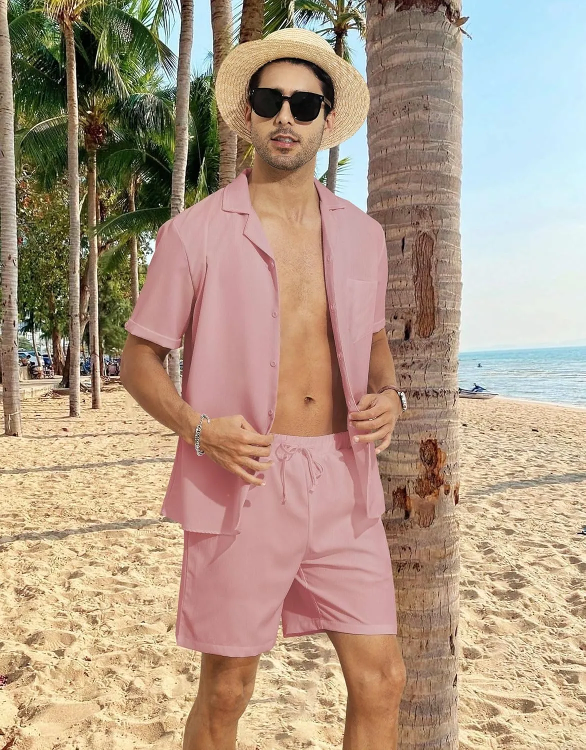YTD Men's 2 Pieces Shirt Set Short Sleeve Button Down Casual Hippie Holiday Beach T-Shirts Shorts Outfits